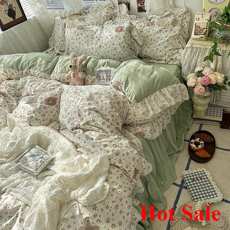 Korean Princess Style Floral Ruffles Bedding Set Skin-friendly Soft Duvet Cover with Sheet or Bed Skirt & Pillowcases