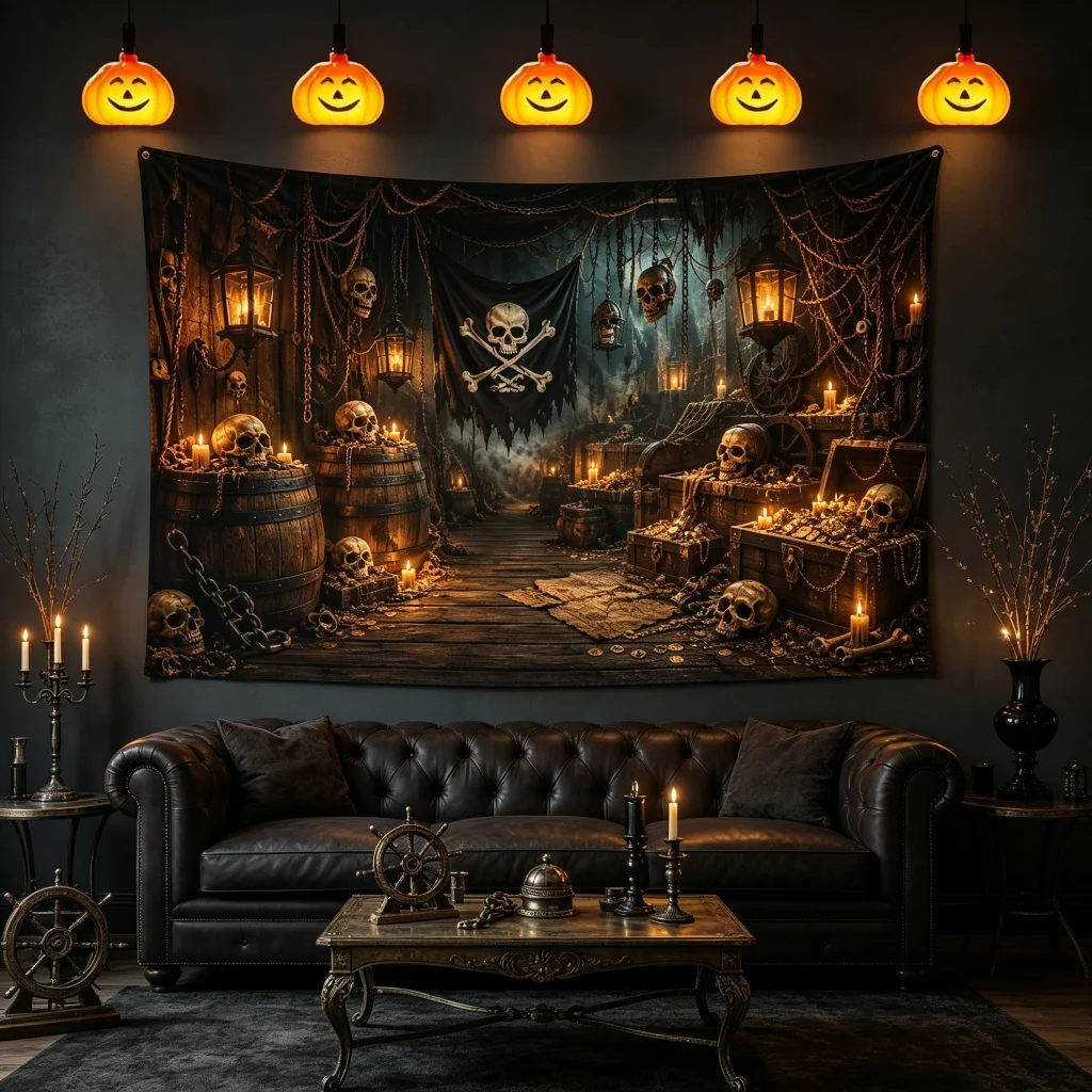 1PC Pirate Treasure Skull Halloween Print Backdrop Banner, Bedroom Photo Background, Polyester, Halloween Party Decoration