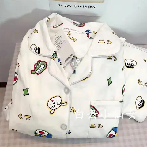 만화 크레용 신짱 귀여운 봄, 가을 잠옷 세트 Kittys 긴 소매 바지 간단한 홈웨어 잠옷 세트 선물 완구