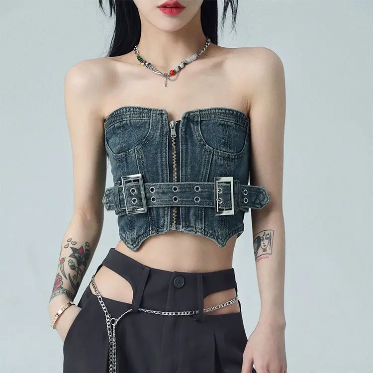 Retro girl star belt double breasted hollow out punk belt ins trend  womens cute  sexy Denim Cotton Casual corset top