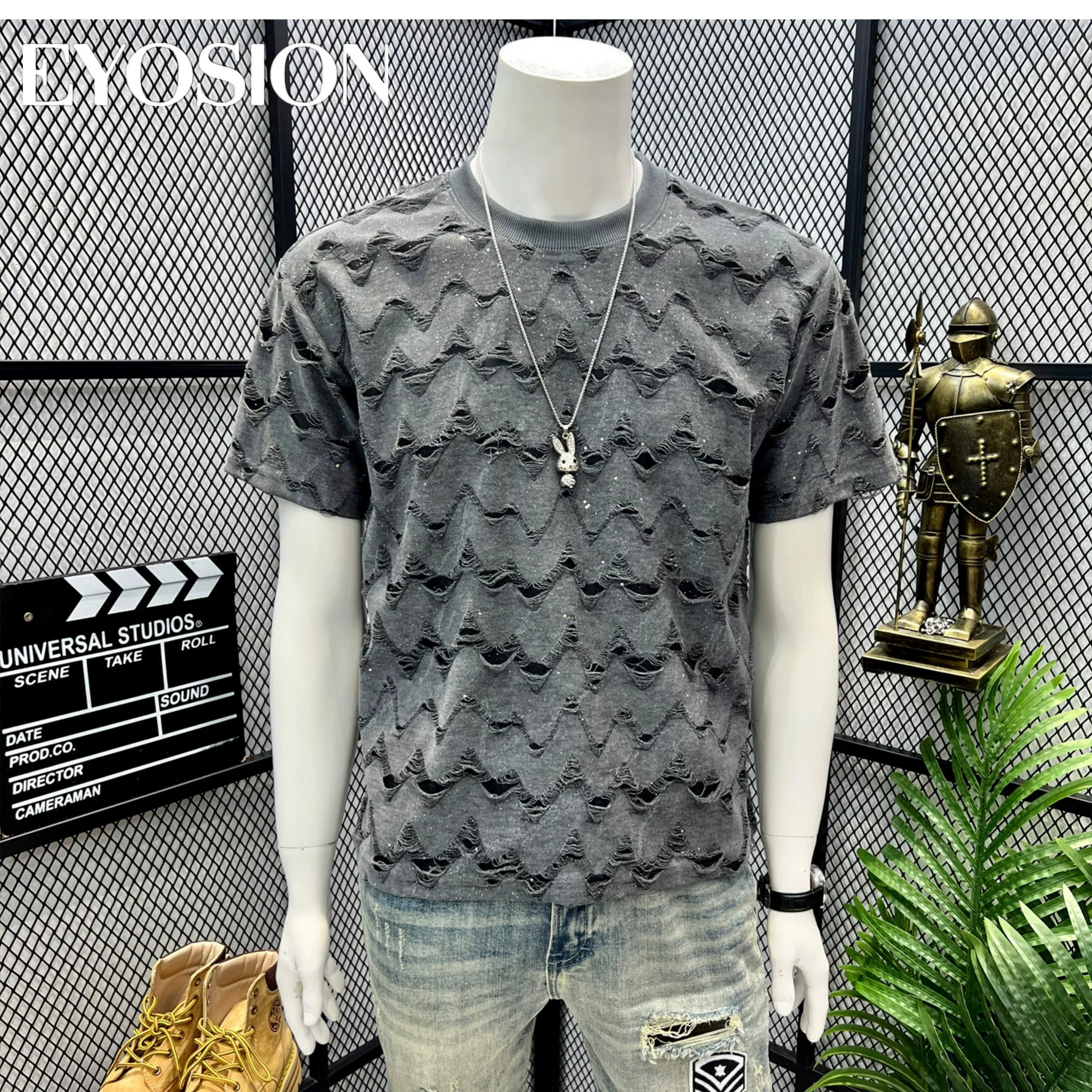 

Summer Men T-shirt Distressed Ripped Tie Dyeing Star Broken Hole Short Sleeve Harajuku Streetwear High Quality Cotton Tee Tops