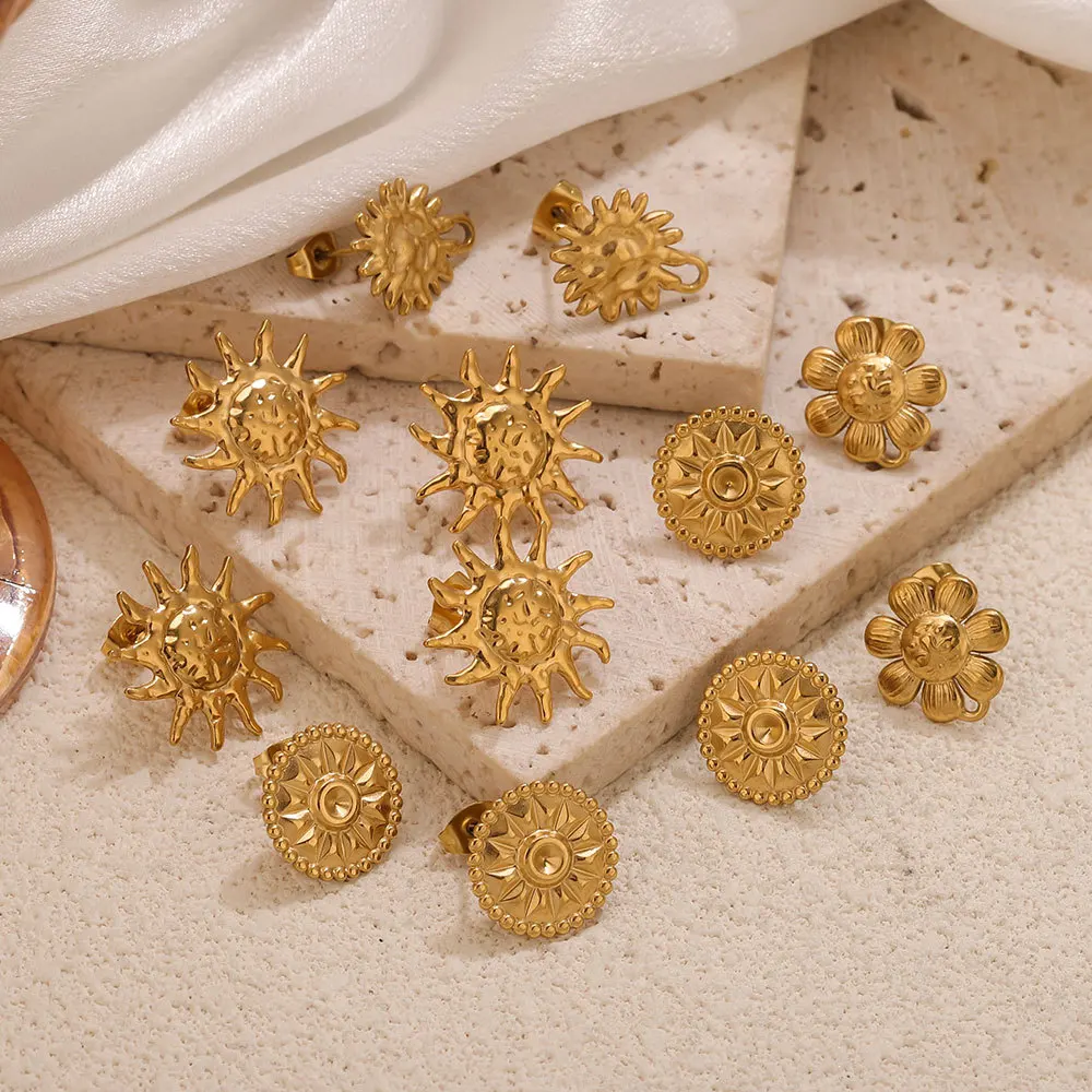 

6pcs/lot Stainless Steel Sun Flower Geometric Golden Stud Earrings Hip Hop Hooks Connectors Earring Base Posts Jewelry Supplies