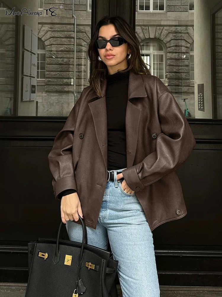 Mnealways18 Vintage Brown Faux Leather Jackets Women Notched Oversize Double-Breasted Business Coats Autumn Winter 2024 Office