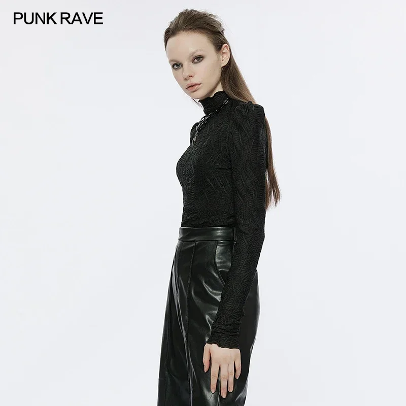 PUNK RAVE Women's Gothic Two Piece Long Sleeve T-shirt Elastic Wrinkled Cloth + Velvet Straps Splicing Girl Black Tops Clothing