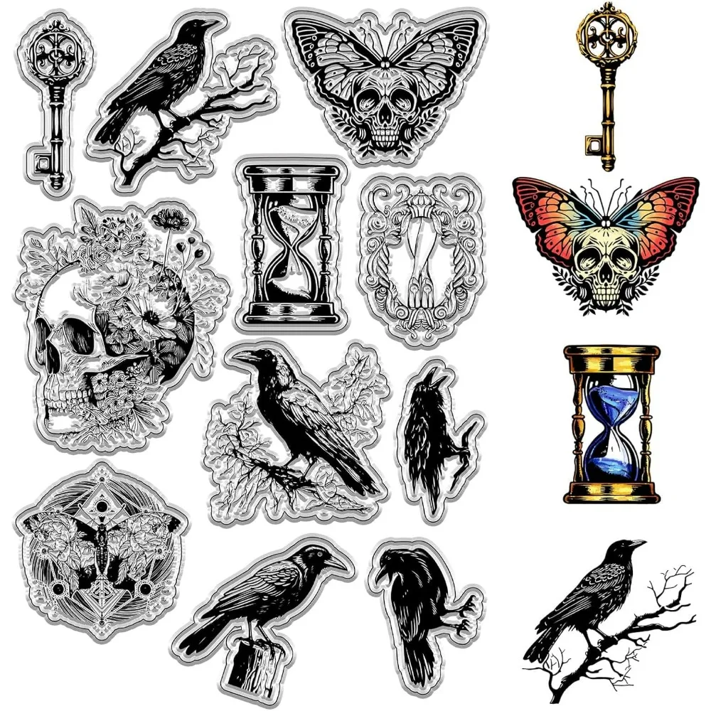 Krähe, transparente Gummistempel, Totenkopf, Motten, Blumen, Halloween-Schlüssel, Gothic, Vintage, transparente Silikon-Stempelsiegel für Journaling-Karten