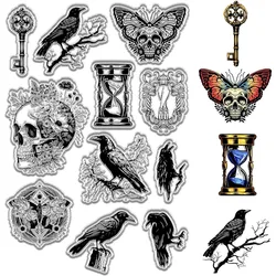 Crow Clear Rubber Stamps Skull Moths Flowers Halloween Keys Gothic Vintage Transparent Silicone Stamp Seals for Journaling Card