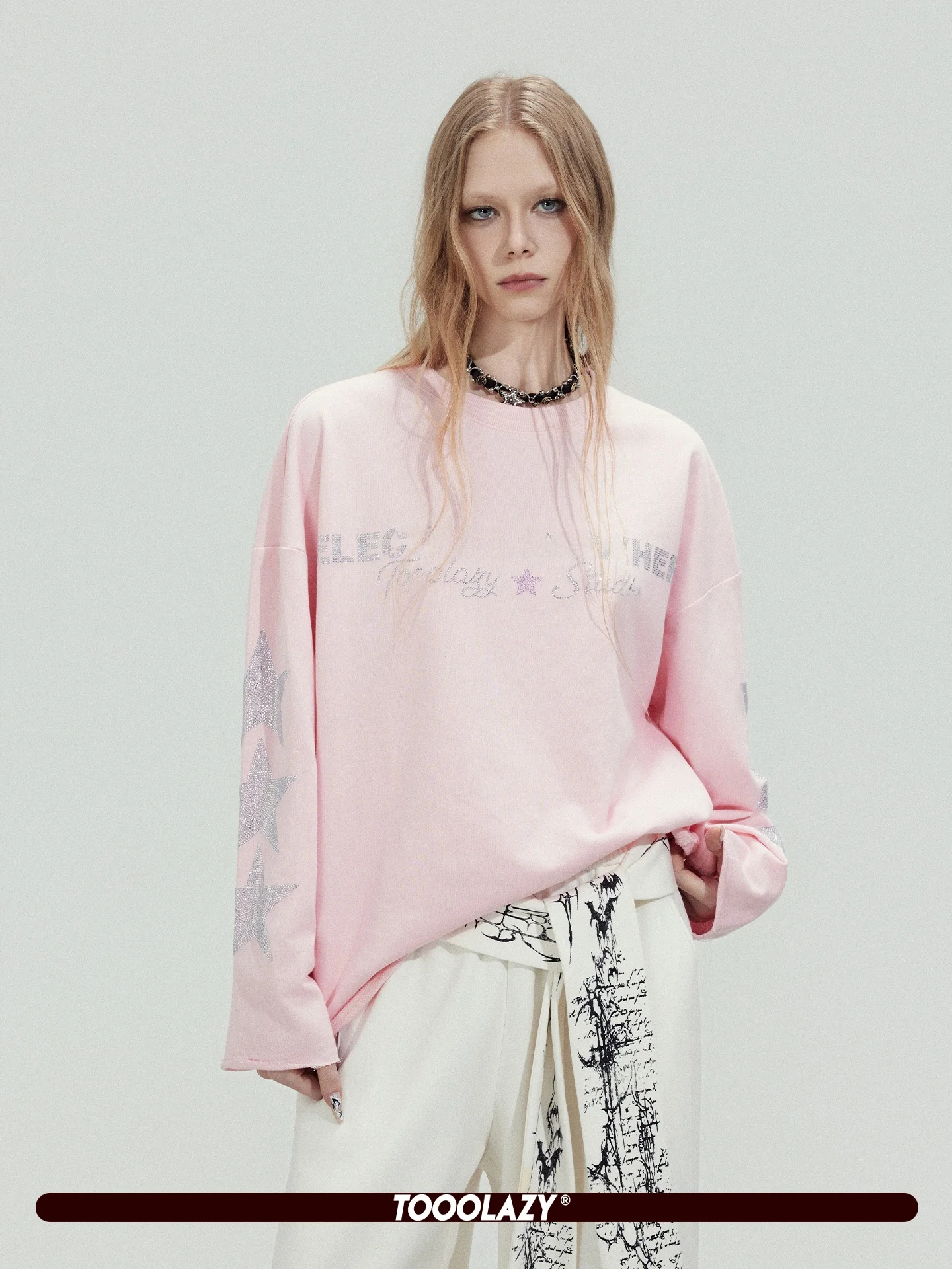 

TOOOLAZY Spring 2026 Pink Rhinestone round Neck Long Sleeve Loose Sweatshirt Casual Style Women's T-shirt Cotton Polyester Blend