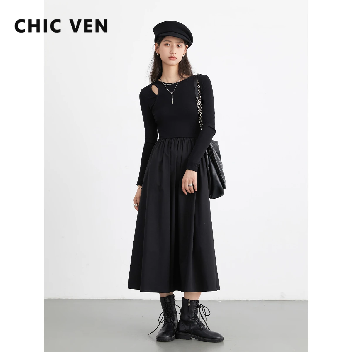 

CHIC VEN Korean Black Women Dresses Loose Hollowed Out A Line Slim Knitted Long Skirt Female Pullover Dress Autumn 2024