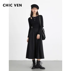 CHIC VEN Korean Black Women Dresses Loose Hollowed Out A Line Slim Knitted Long Skirt Female Pullover Dress Autumn 2024