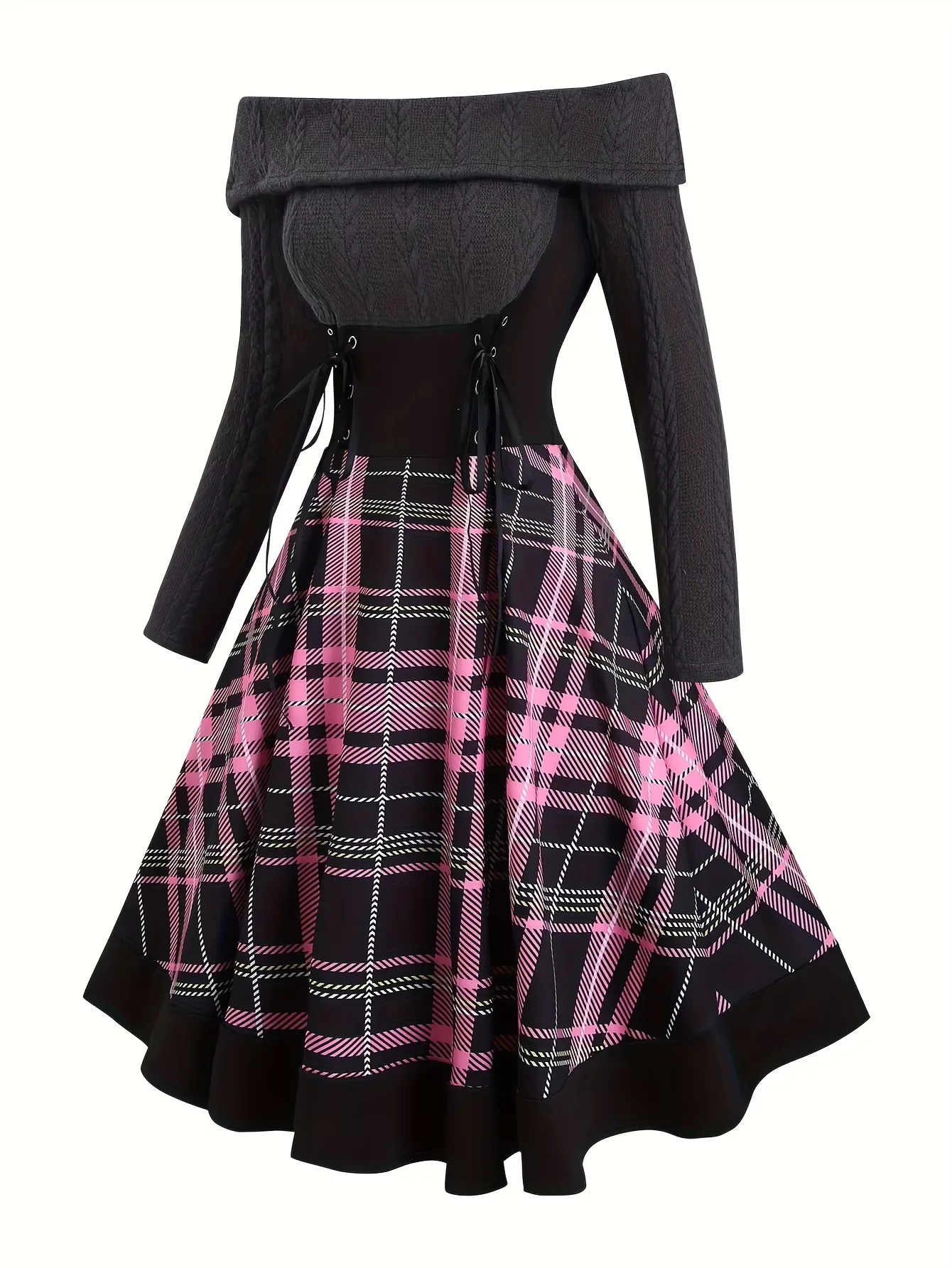 

Retro Plaid Off-the-Shoulder Knitted Dress for Women Autumn Winter Size 2025 Warm Cozy Plaid A-Line Mini Dress
