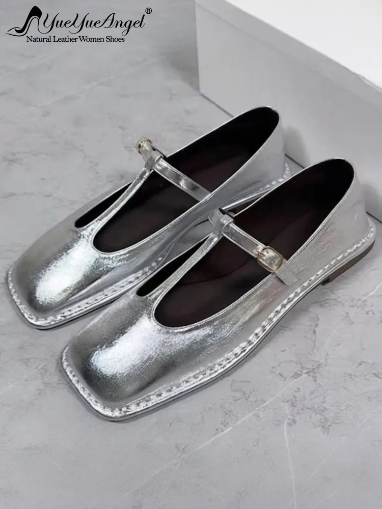 Ladies T-Shaped Buckle Strap Square Toe Genuine Leather Flats French Style Retro Solid Color Sheepskin Flat Mary Jane Shoes