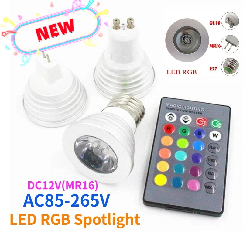 

3W RGB LED Spotlight Bulb E27 GU10 MR16 24key Remote Control GU5.3 Dimmable Color Changing Light for Home Decor 110V 220V 12V