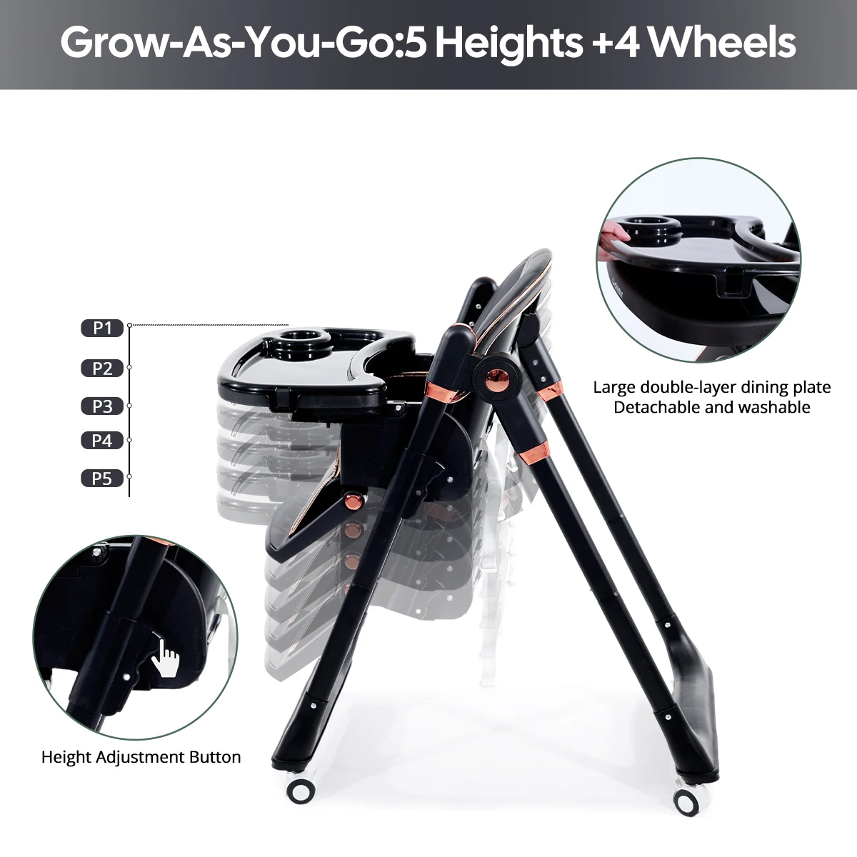 Kinderstoel, opvouwbare kinderstoel, verstelbare zitting, geschikt voor meer dan 6 maanden, met wielen, Thanksgiving cadeau