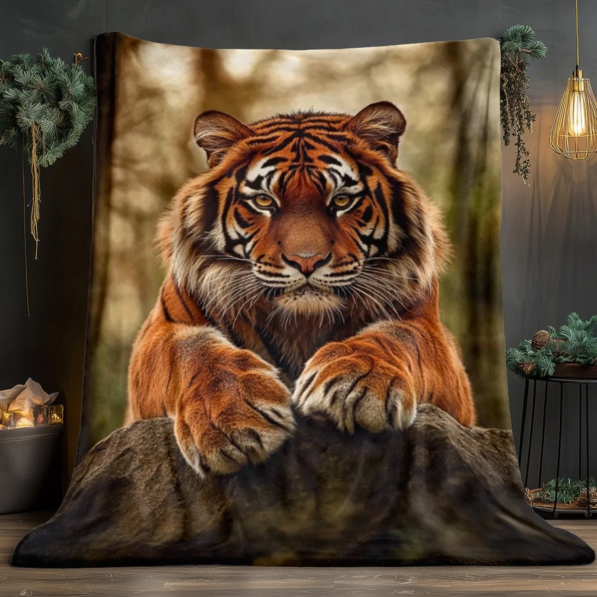 Custom Tiger Blanket Realistic Tiger on Rock Forest Design Personalized Name Fleece Throw All Season Soft Warm Bedding Home