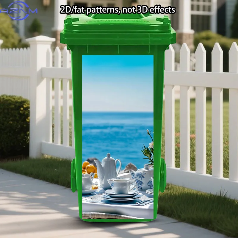 Tea Time Trash Can Stickers Painting, Ocean View Self-Adhesive Stickers, Elegant Plating Stickers, Relaxing Atmosphere Trash C