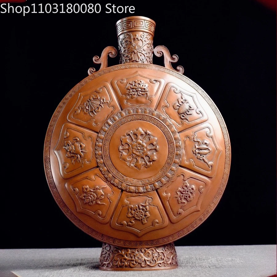 40cm Red copper carving Eight Auspicious Signs Vase decor