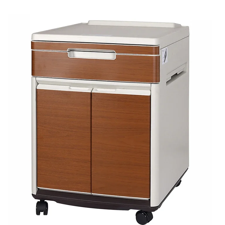 Movable Medical Room Furniture ABS Plastic Steel Hospital Storage Bedside Table with Casters