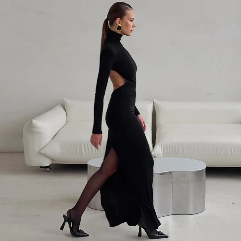 

Tsiisd Black High-Neck Backless Knitwear Long Dress Women Fashion Slim Elegance 2026 New Party Evening Dress Female Maxi Dress