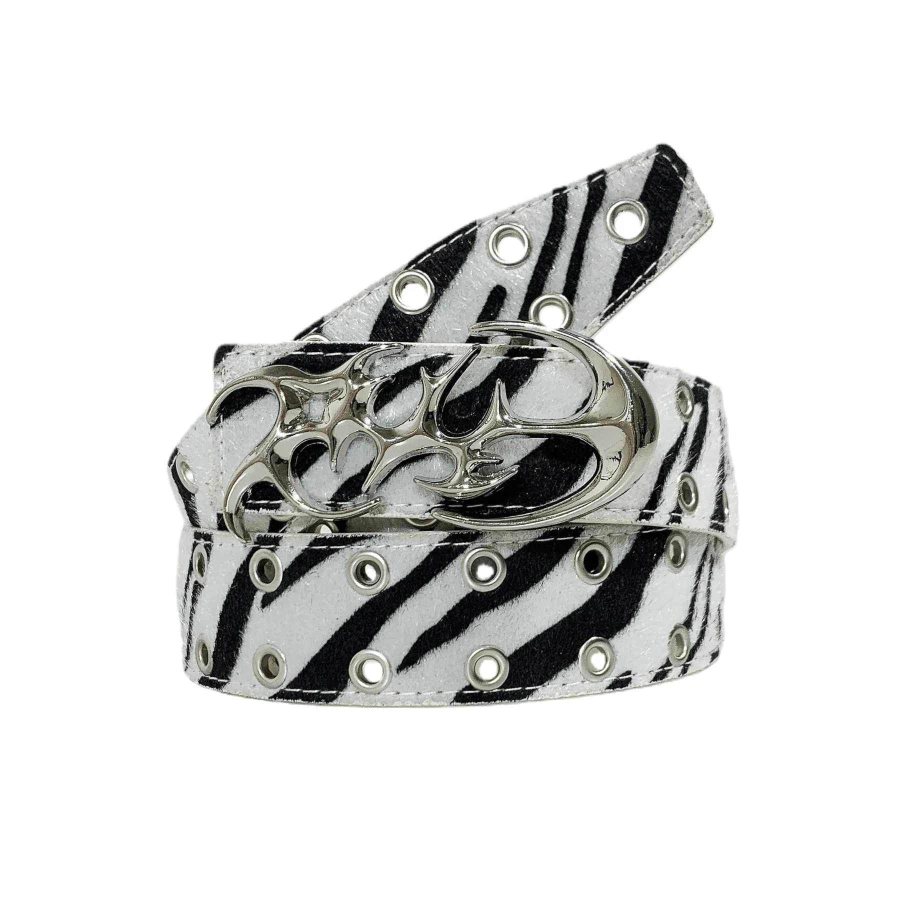 Cross-Border Sale Black And White Zebra Pattern Eyelet Rivet Irregular Buckle Hollow Out Personality Y2K Hot Girl Belt Versatile