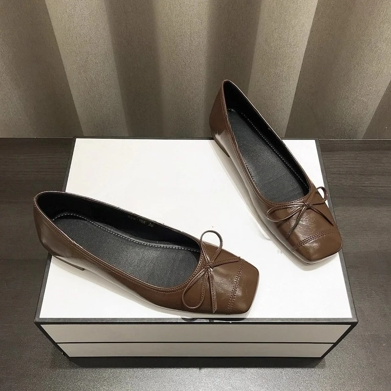 

Туфли без шнуровки с квадратным носком и неглубоким носком, новые осенние туфли с бантом на мягкой подошве, противоскользящие, износостойкие низкие туфли