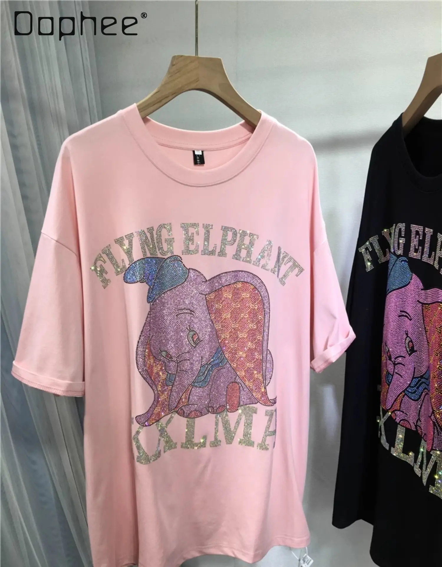 Fashion Hot Drilling Cartoon Black T-shirt Women Summer Thin Cotton Cute Elephant Printed Loose Short Sleeve Top Kawaii Clothes