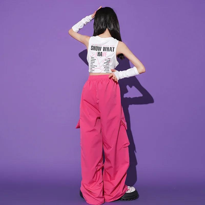 Kids Hip Hop Clothing White Crop Tank Tops with Gloves Rose Pink Casual Cargo Pants for Girl Jazz Dance Costumes Street Clothes