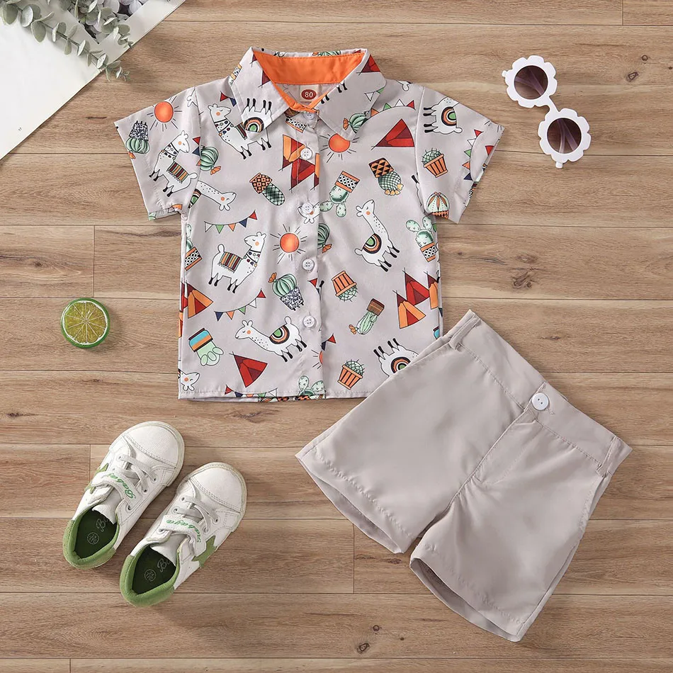 

1-5Y Children Clothing Children Sets Boys Fashion Casual Cotton Dinosaur Print Shirt Set Children Short Sleeved Shorts Set