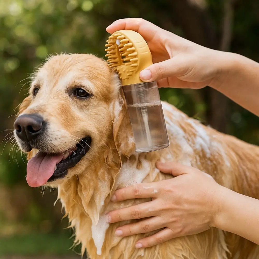 

Silicone Dog Bath Brush Comfortable Grip Handle Soft Pet Shower Massage Brush Built-in Shampoo Dispenser Pet Grooming Brush