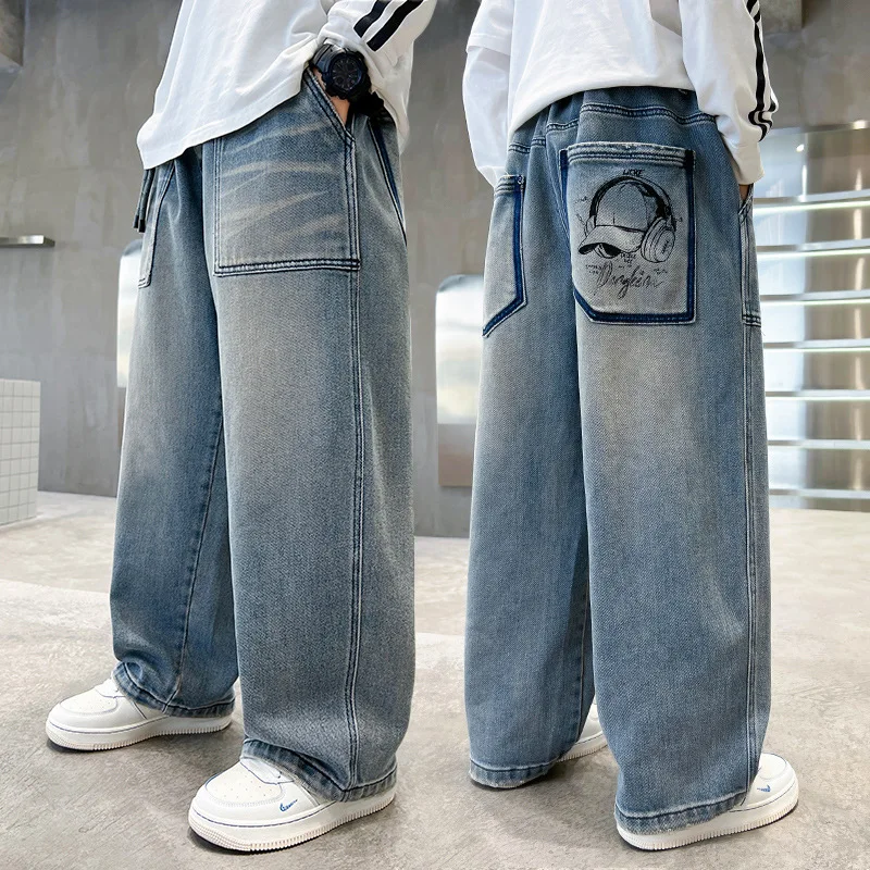 

Cool Boys Jeans Spring Autumn 2025 New Style Teenage Children's Handsome Loose Straight Leg Long Pants Kids Boy Wide Leg Pants