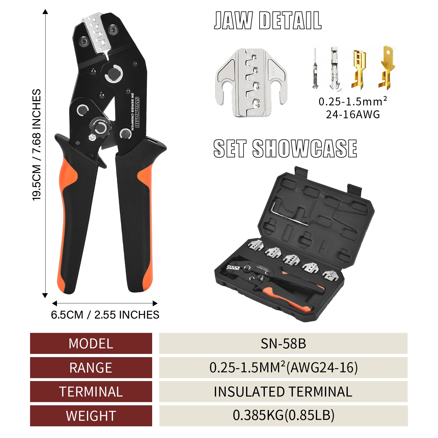 Ratchet Crimping Tool Kit With Interchangeable Jaws For Insulated Non-Insulated Terminals, Open Barrel, Dupont Connector,Sleeves