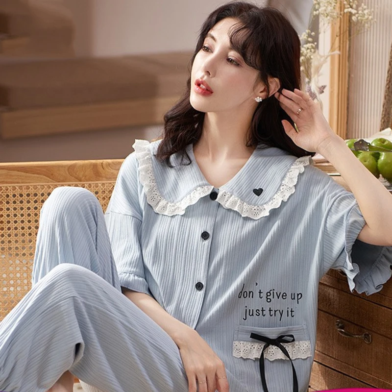 Cotton Pajamas Women\'s Long-sleeve Fresh And Cute Thin Two-piece Suit Womens Two Piece Sets Pajamas