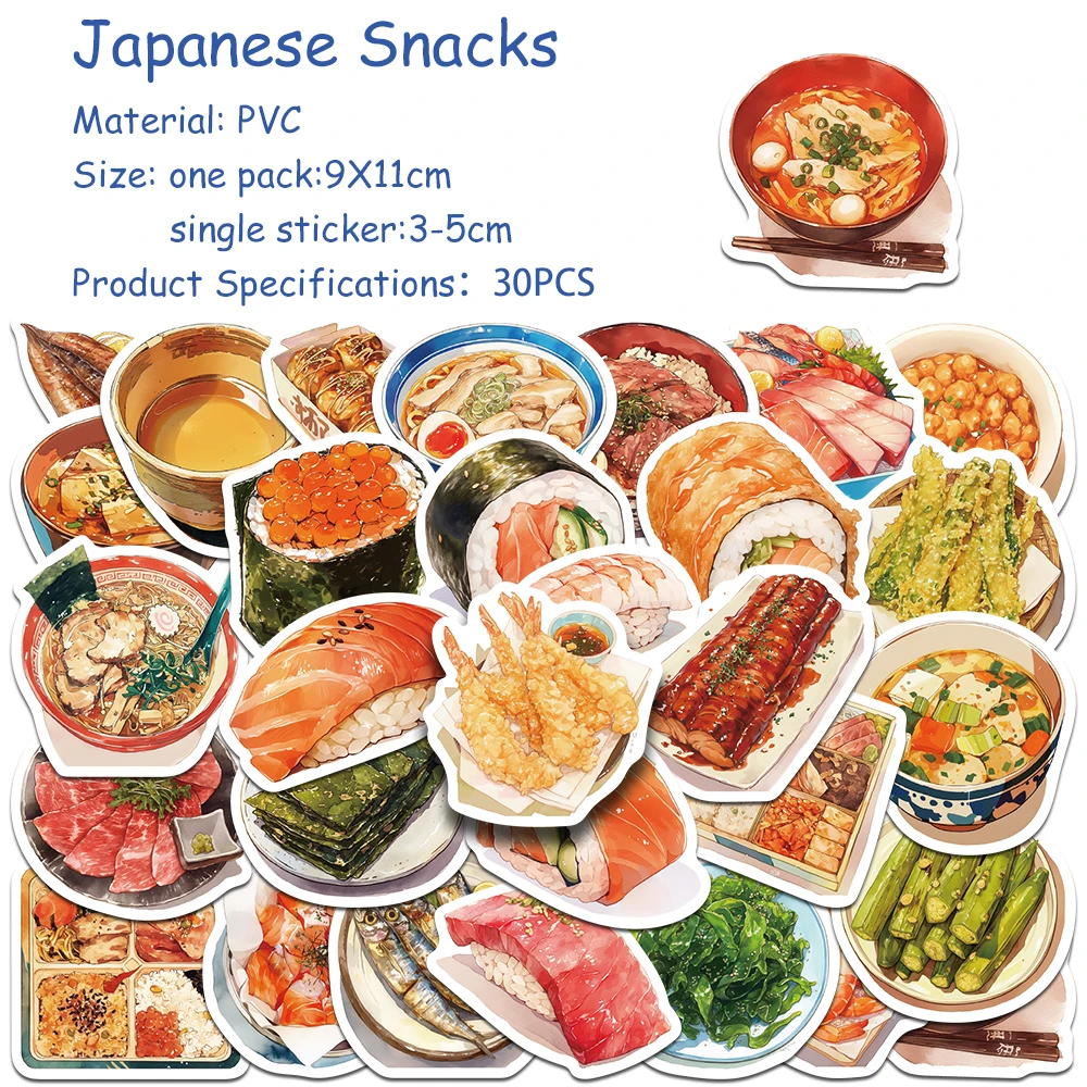 30pcs Japanese Snacks Sticker Pack Decals For Phone Scrapbook Suitcase Refrigerator Guitar DIY Aesthetic Waterproof Stickers