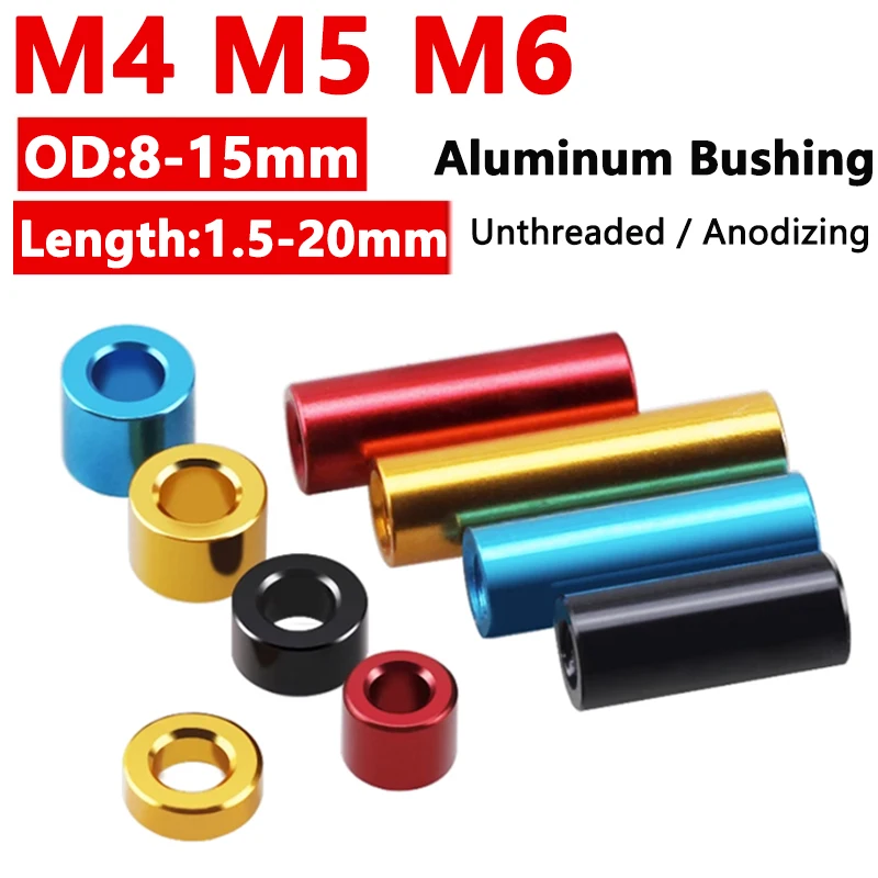 10pcs M4 M5 M6 Aluminum Bushing Washer Gasket Unthreaded Round Hollow Standoff Spacer Sleeve Anodizing OD 8-15mm Length 1.5-20mm