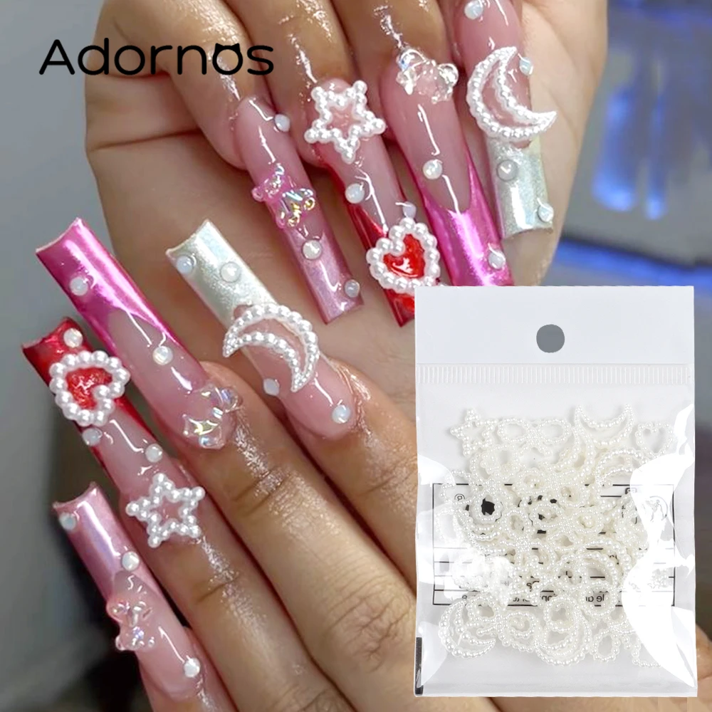 50 Stks/zak Holle Hart Parel Nail Art Bedels Witte Strik Ster Maan Parel Ronde 3d Nagels Deel Decor Diy Manicure Accessoires