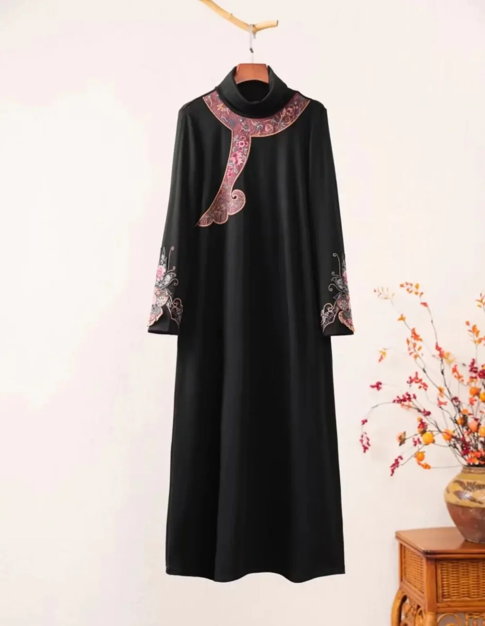 Original women clothing Black turtleneck embroidery t-shirt winter dress Chinese style thicken elegant long dresses