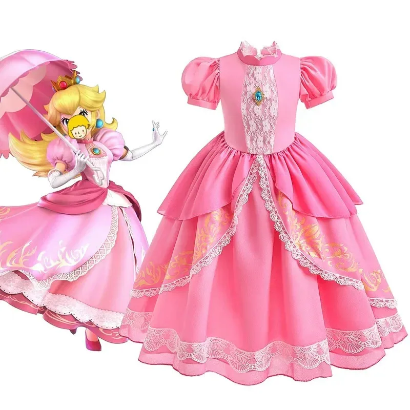 2025 New Pink Princess Dress For Girls Costume Kids Cosplay Queen Peach Clothes Children Halloween BirthdBear House 002