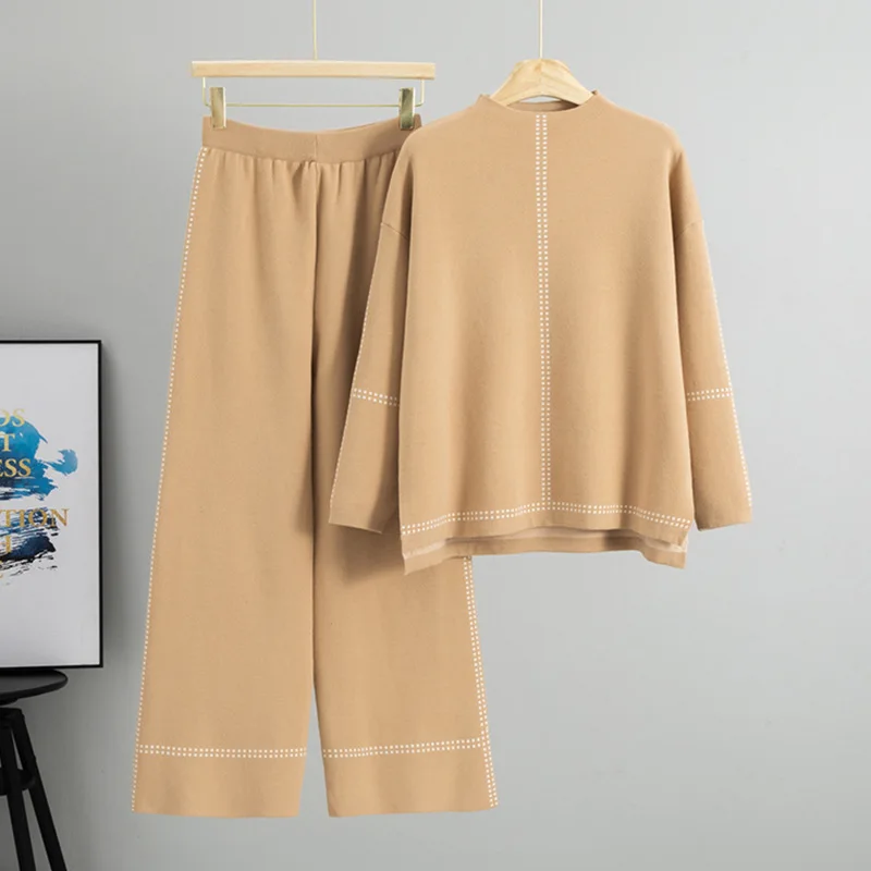 Greenora Vintage Elegant Autumn Minimalist Modest Fashion Side Slit Knit Top Wide Leg Pants Two Piece Set Women Sweater Cardigan