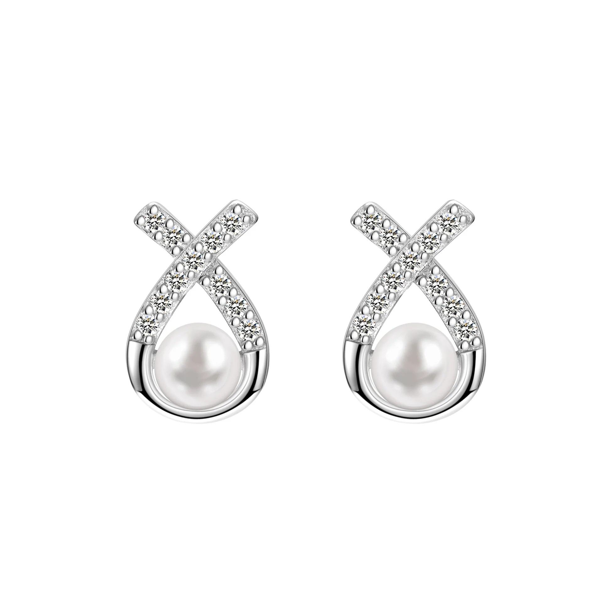 925 Sterling Silver Elegant Inlaid Zircon Cross Simulated Pearls Earrings Trendy Vacation Original Buckle Earrings For Women