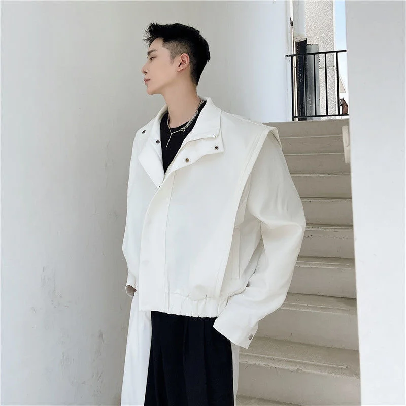 Design Men's Double Shoulder Pad Stand Collar Loose Short Jacket Black White 2022 Spring New Niche Coat For Male 2Y2330