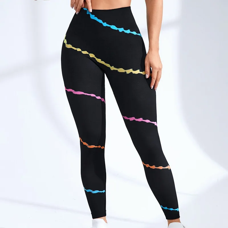 Women Colored Stripes Leggings Nylon High Waist Tights Gym Sports Running Seamless Butt Lift Fashion Slim Yoga Fitness Pants