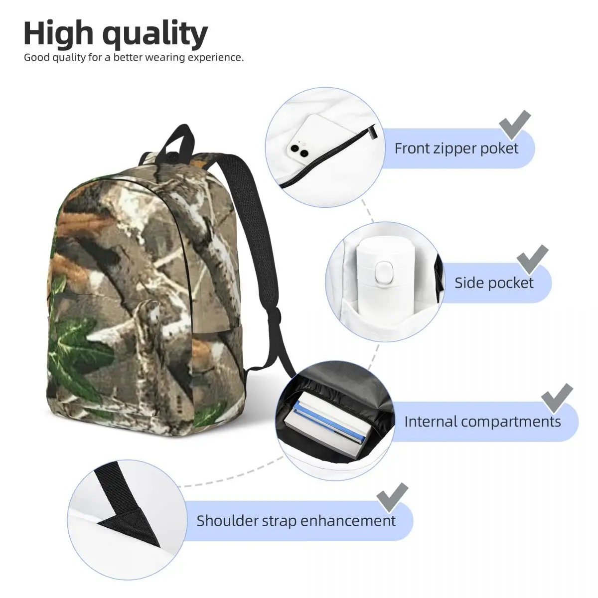 Camouflage Real Tree Realtree Hunter Camo Pattern Student Backpack School Bag Hiking Travel Daypack forShoulder Bags