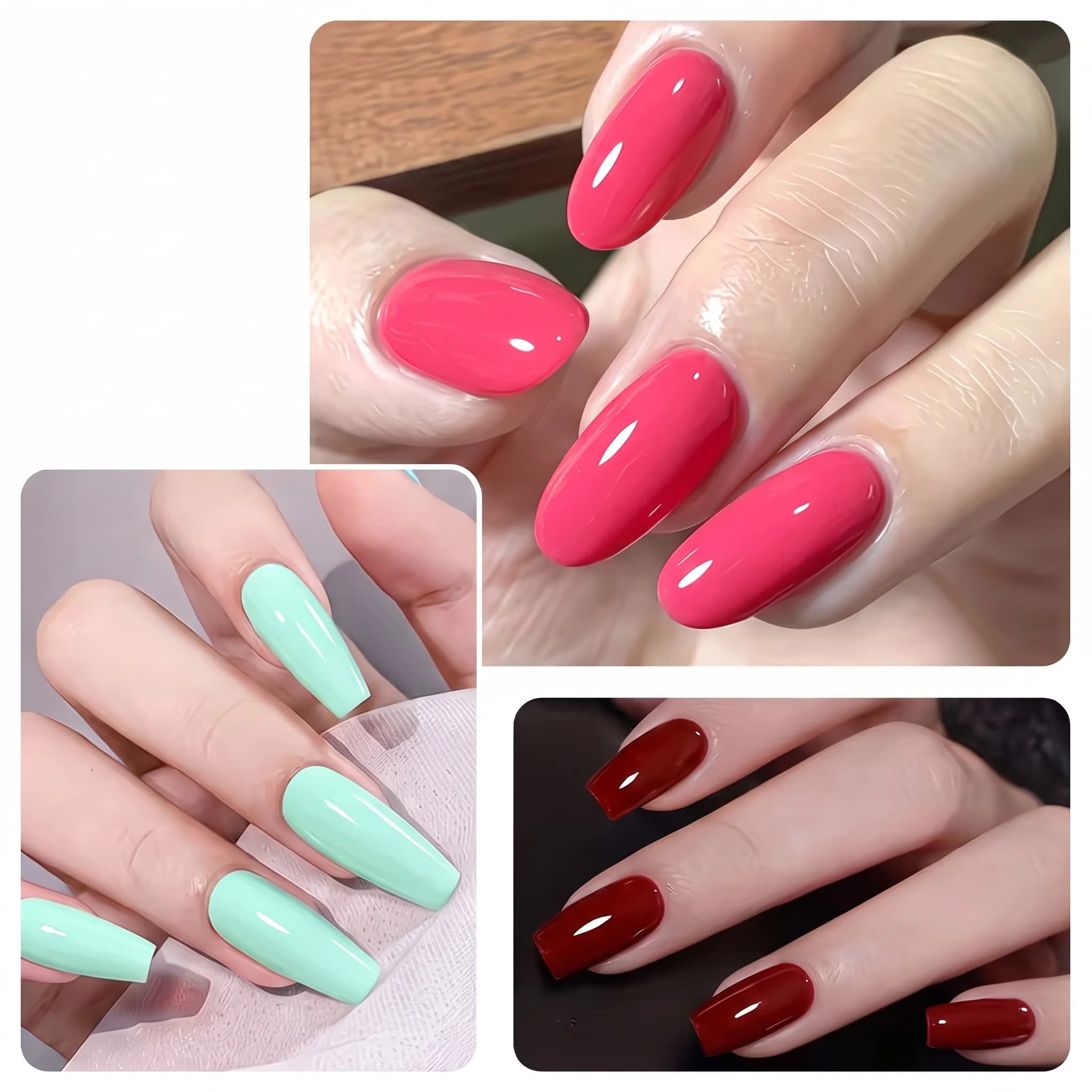 Hassleless 3-Piece Gel Nail Polish Set 15ml Glitter Mint Green Wine Red Solid Color Nail Polish Contrasting Fresh Color Scheme Brightening Long-Lasting Removable Home Salon DIY Color-Changing Nail Art Set
