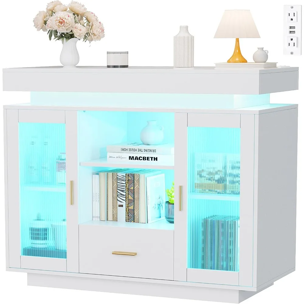 

Sideboard Buffet Cabinet 39.4" Sideboard Cabinet Kitchen Storage with LED Lights and Power Outlet, Coffee Bar with Adjustable
