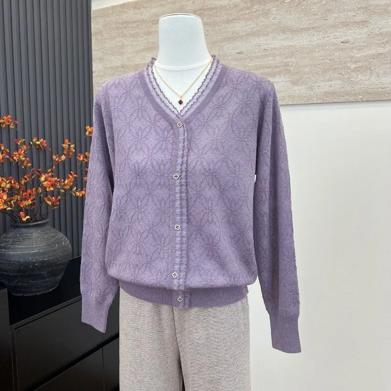 Women Mom V Neck Knit Top Autumn Floral Jacquard Button Decor Loose Middle Aged Ladies Sweater