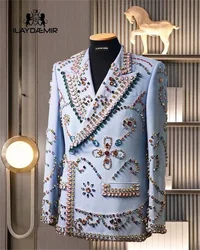 Light Blue Crystal Men Suits Pants 1 Piece Blazer Luxury Groom Wedding Tuxedo Double Breasted Coat Prom Dress Custom Made Jacket