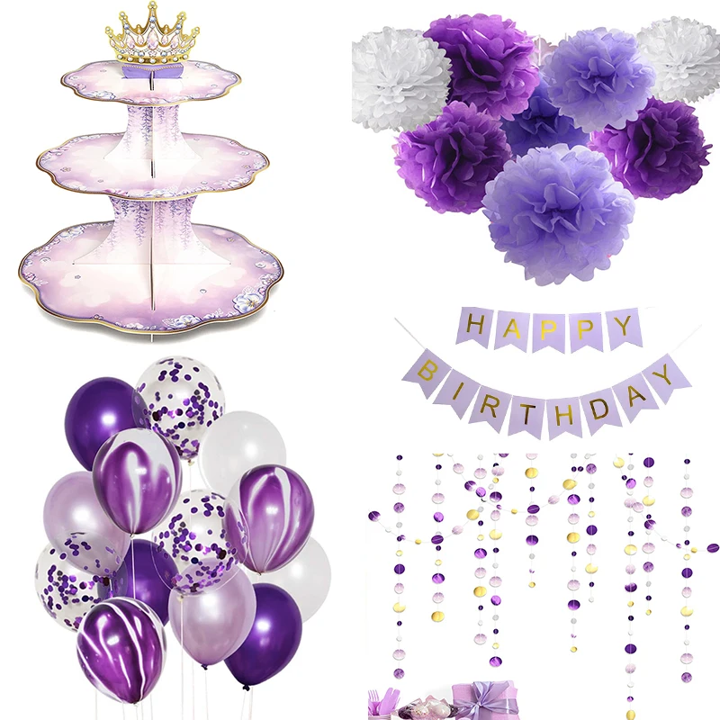 

Purple Themed Happy Birthday Banner Party Decoration Lavender Anniversaire Bridal Shower Paper Garland Wedding Nursery Streamers