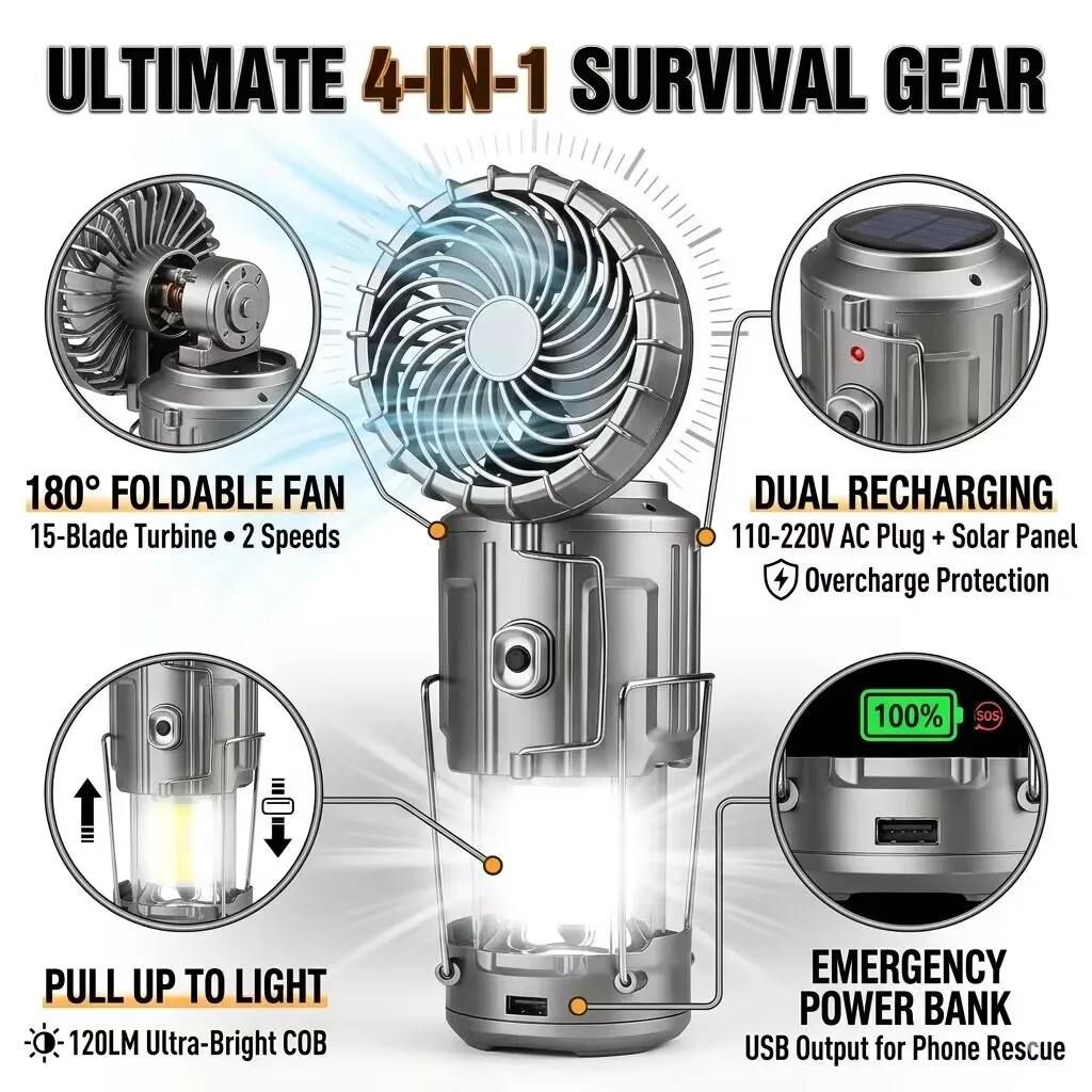 POCKETMAN Solar Camping Lantern Portable Fan LED Tent Light Rechargeable Emergency Power Bank Outdoor Survival Gear Flashlight