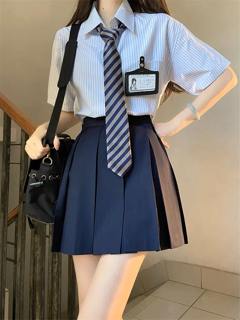

American Casual Oversize Striped Shirt Pleated Skirt Full Set Long Sleeve/Short Sleeve Loose Women JK Uniform Set College Style