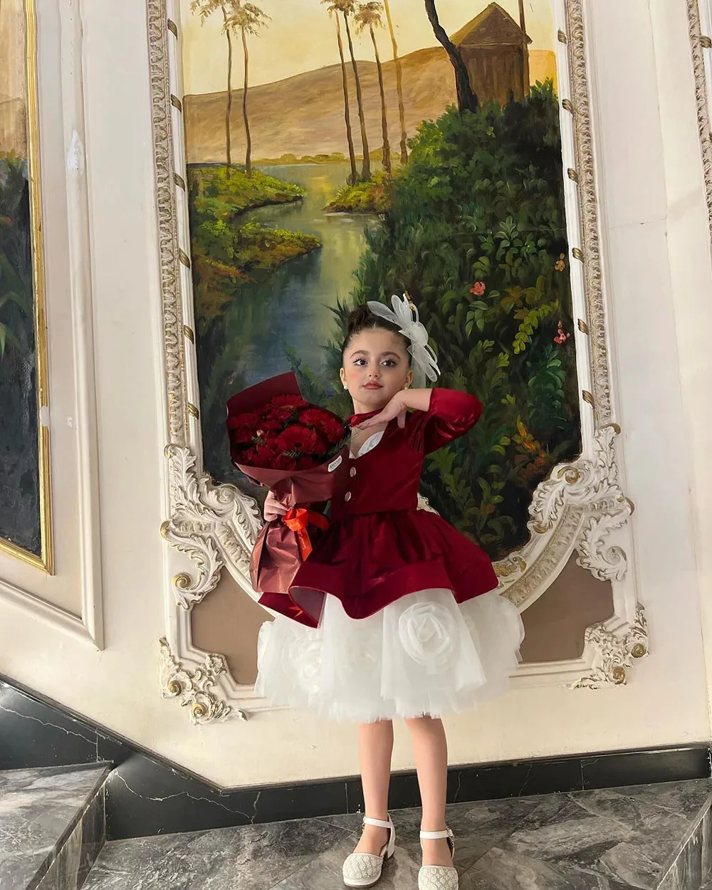 فساتين فتاة الزهور الحمراء المخصصة لحفلات الزفاف الساتان بأكمام طويلة ثلاثية الأبعاد منتفخ الأزهار الطفل الأحداث الرسمية مأدبة مساء ثوب الحفلات