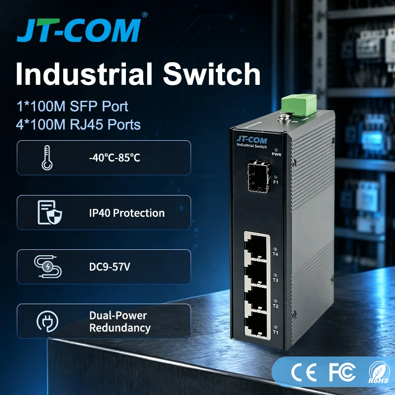 100Mbp Unmanaged Industrial Switch 1 SFP Fiber 4 RJ45 IP40 DIN Rail DC9-57V -40~85℃ Ethernet Switch for Traffic Power Automation